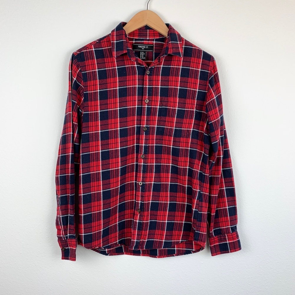 Forever 21 Men Red & Blue Flannel Long Sleeve Button Down Shirt